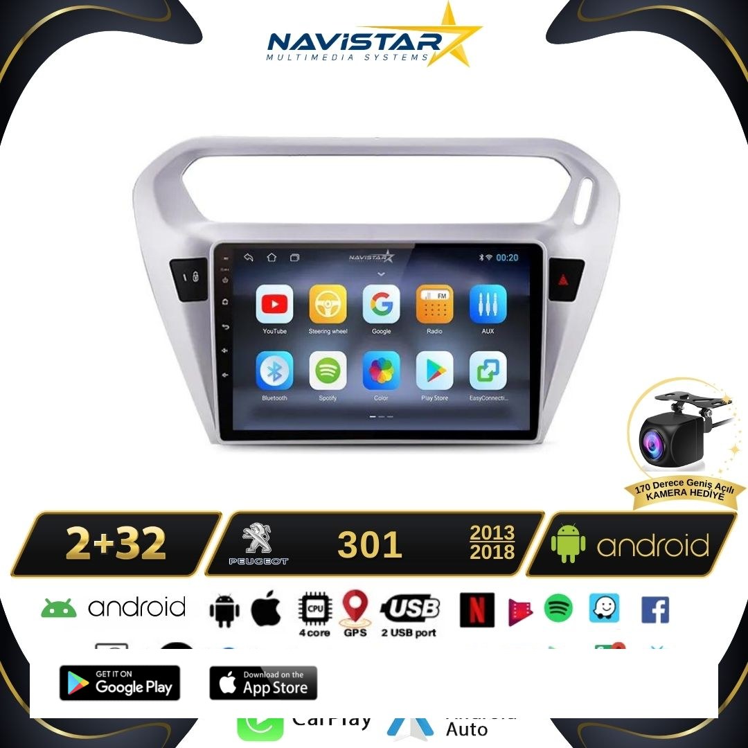 Peugeot 301 2+64GB Kablosuz Carplay 2013-2018 Android 13 Navigasyon Multimedya Sistemi