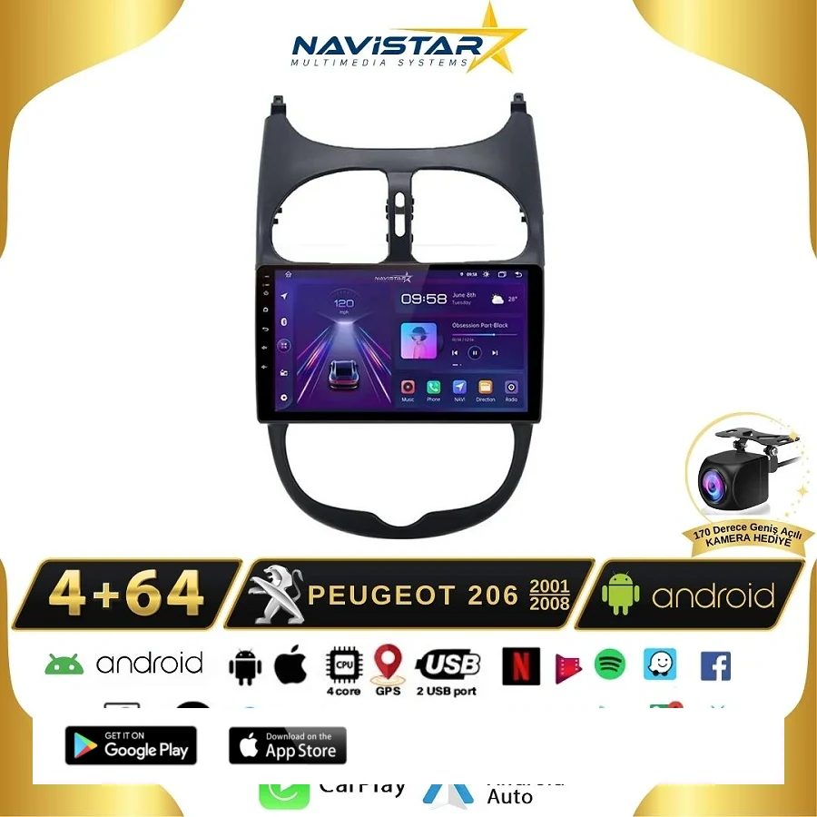 Peugeot 206  2001-2008 Model 4GB + 64GB Android 13 Kablosuz Carplay Navigasyon Multimedya Sistemi