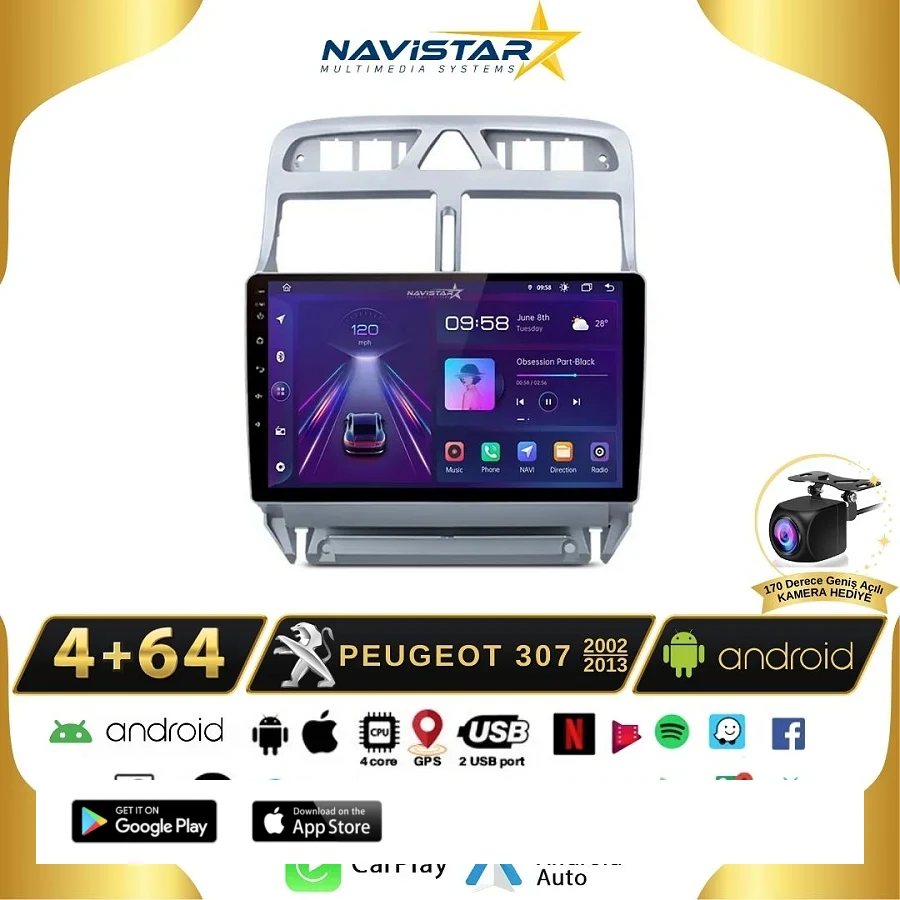 Peugeot 307  2002-2013 Model 4GB + 64GB Android 13 Kablosuz Carplay Navigasyon Multimedya Sistemi
