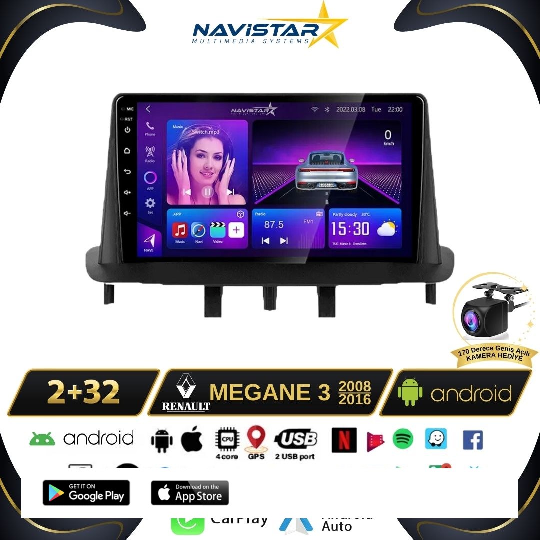 Megane 3 Kablosuz Carplay 2+64GB Android 13 Navigasyon Multimedya Sistemi