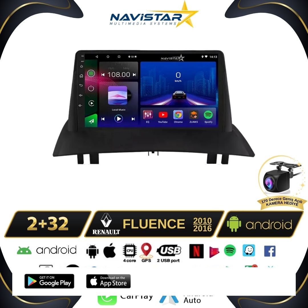 Fluence Kablosuz Carplay 2+64GB Android 13 Navigasyon Multimedya Sistemi