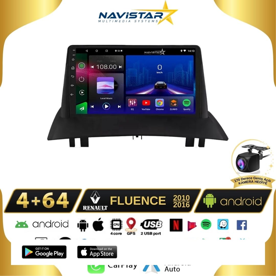 Fluence 4+64 GB Android 13 Kablosuz Carplay Navigasyon Multimedya Sistemi