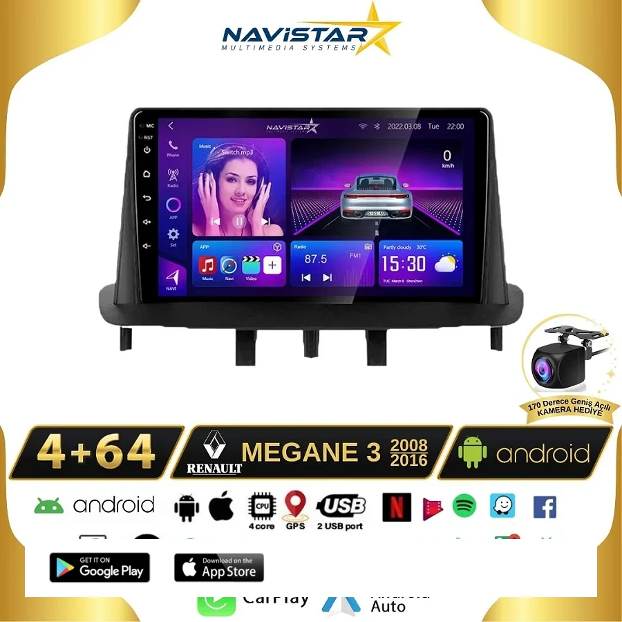 Megane 3 Kablosuz Carplay 4+64 GB Android 13 Navigasyon Multimedya Sistemi