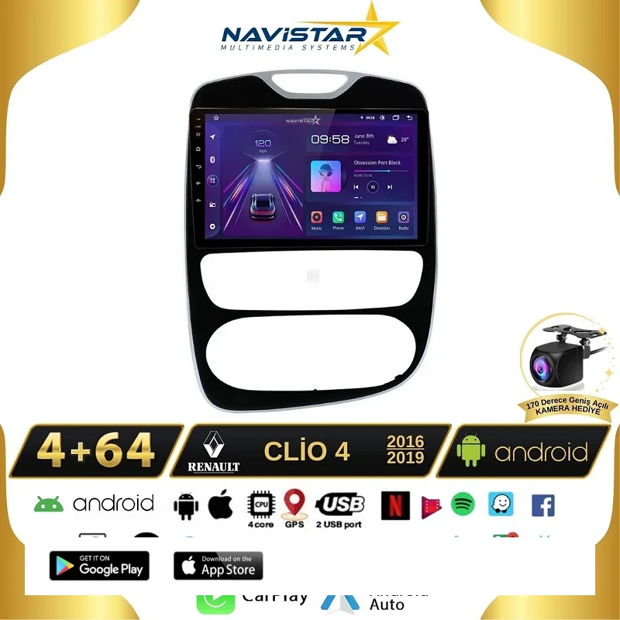 Renault Clio 4 Kablosuz Carplay 4GB + 64GB Android 13 Navigasyon Multimedya Sistemi 2016-2019