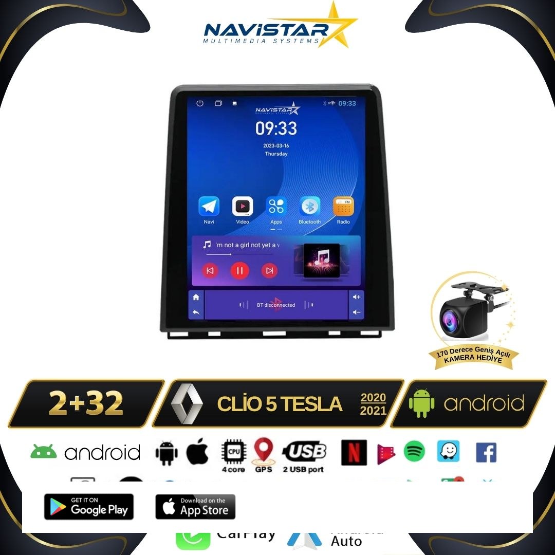 Renault Clio 5 Tesla 2020-2021 Model 2GB + 32GB Kablosuz Carplay Navigasyon Multimedya Sistemi