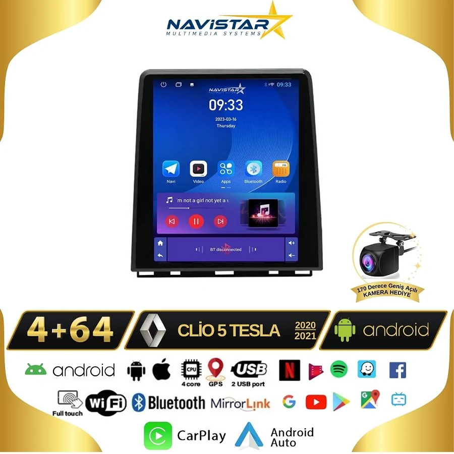 Renault Clio 5 Tesla 4GB + 64GB 2020-2021 Model Kablosuz Carplay Navigasyon Qled Multimedya Sistemi