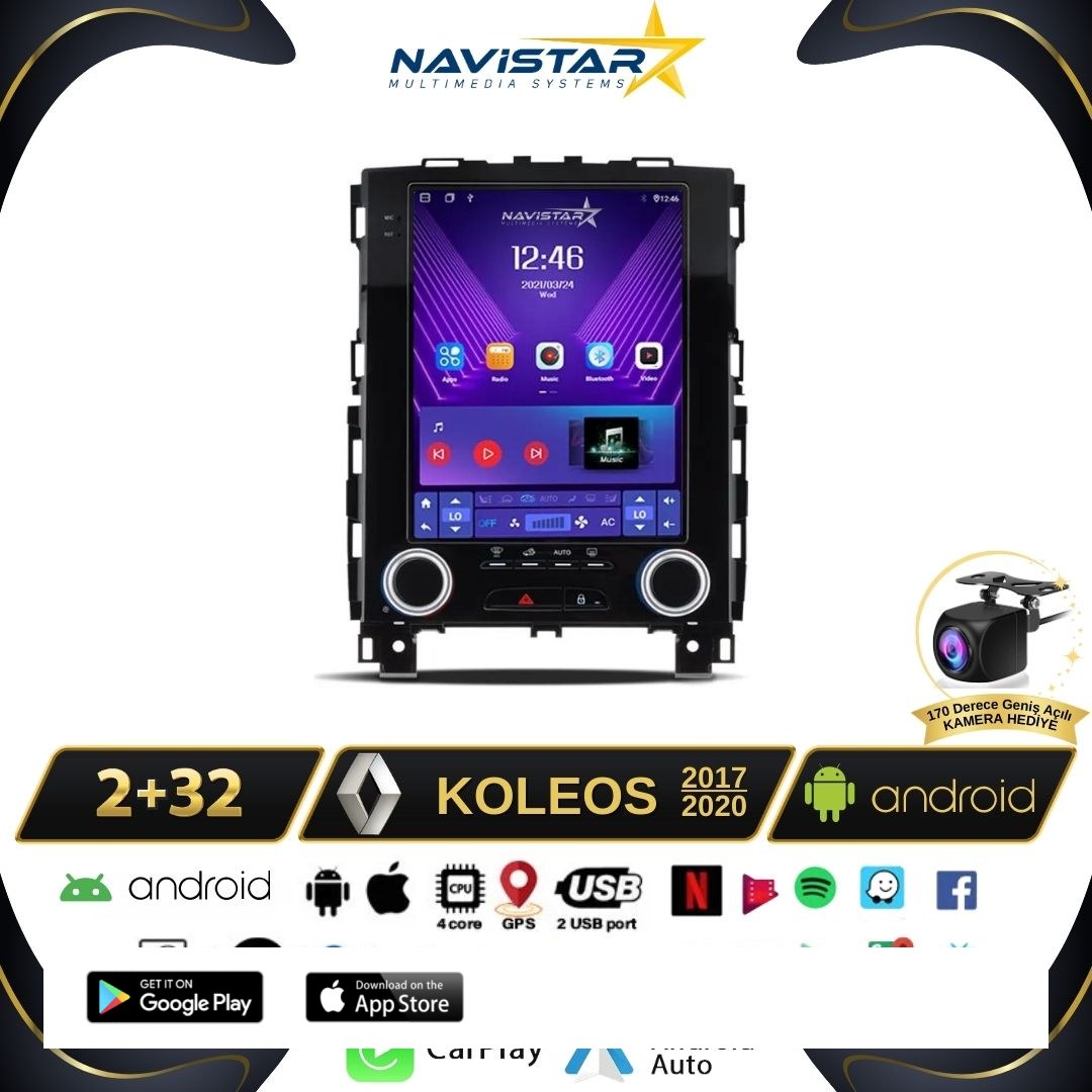 Renault Koleos Tesla 2017-2020 Model 2GB + 32GB Android 13 Kablosuz Carplay Navigasyon Multimedya Sistemi