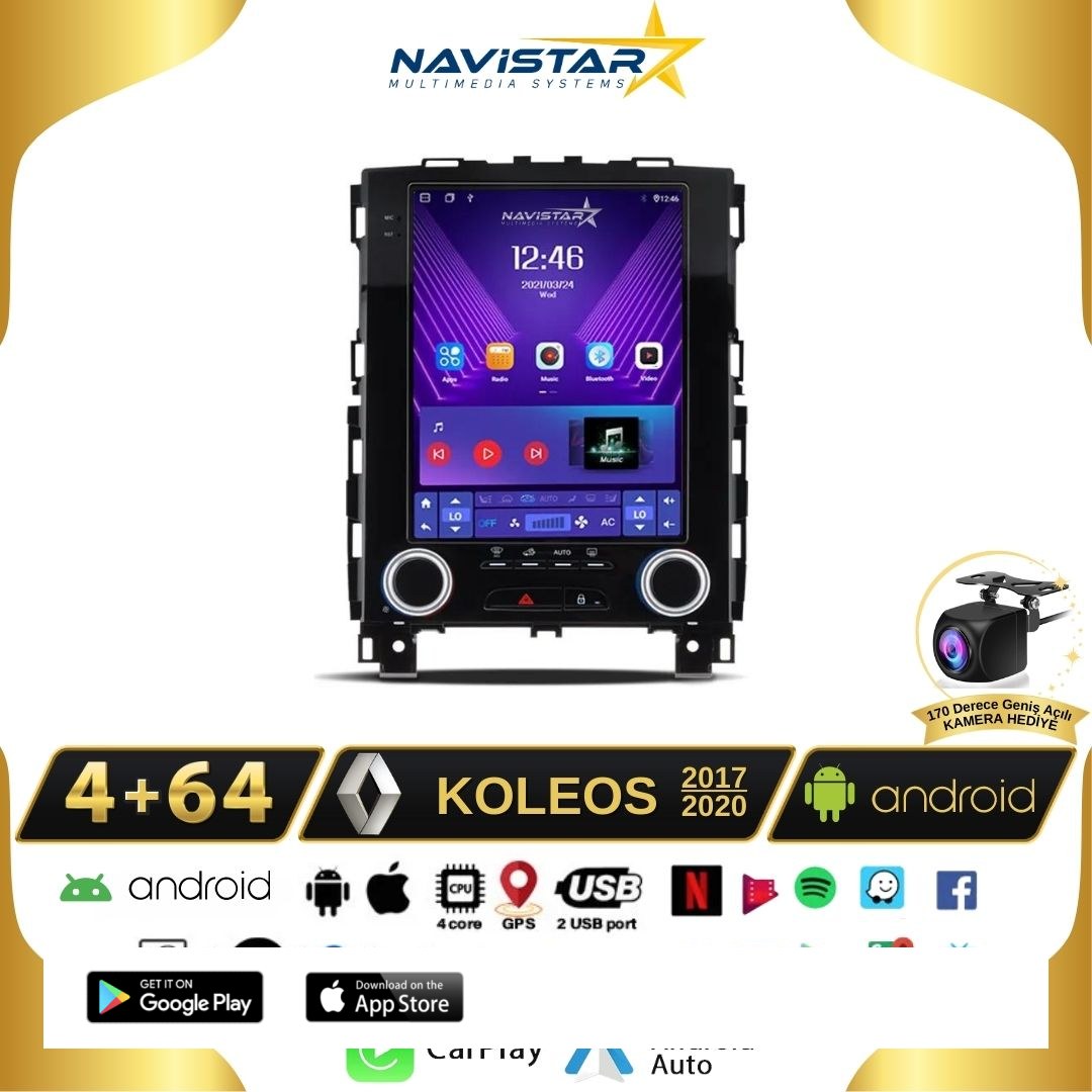 Renault Koleos Tesla 4GB + 64GB 2017-2020 Model Android 13 Qled Kablosuz Carplay Navigasyon Multimedya Sistemi
