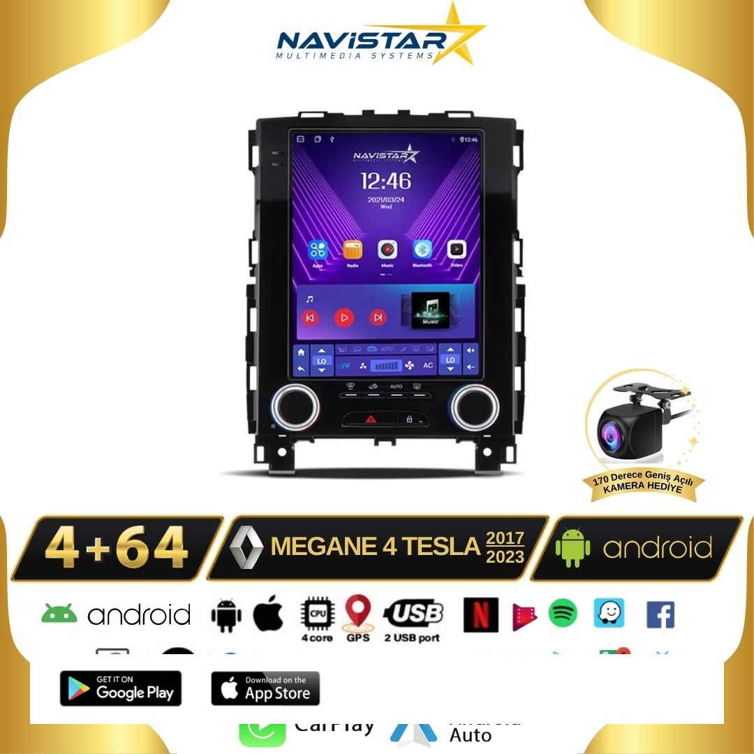 Renault Megane 4 Tesla 4GB + 64GB 2017-2023 Model Android Qled Kablosuz Carplay Navigasyon Multimedya Sistemi