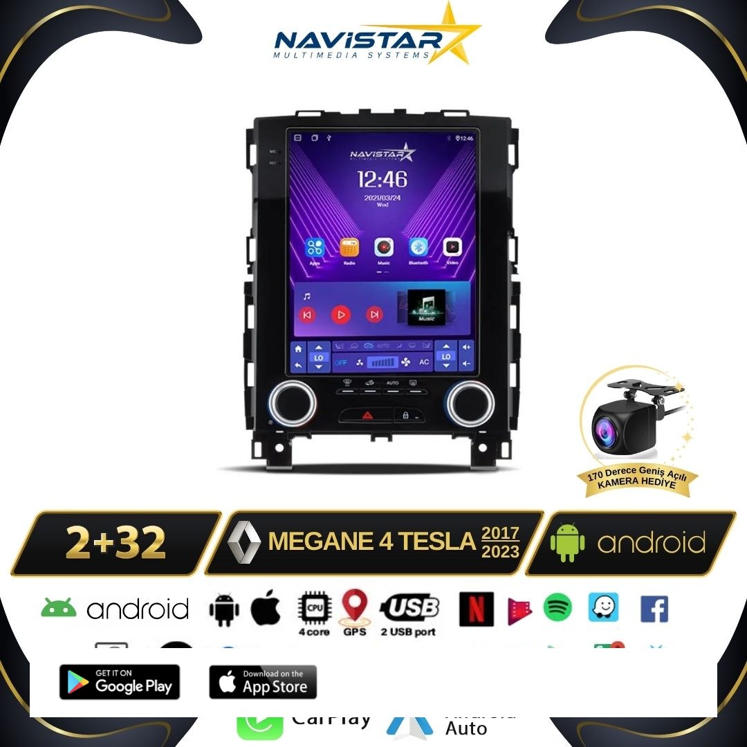 Renault Megane 4 Tesla 2017-2023 Model 2+32GB Android  Kablosuz Carplay Navigasyon Multimedya Sistemi