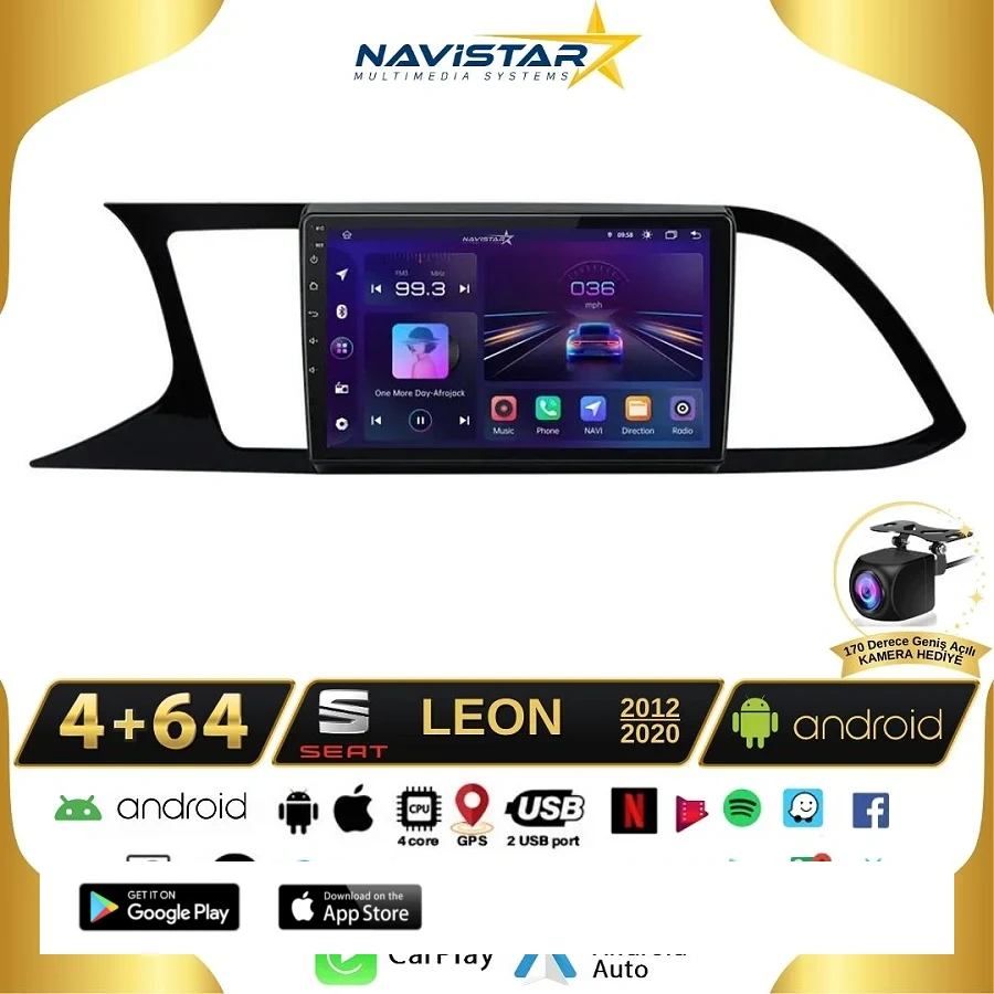 Seat Leon 4GB + 64GB Kablosuz Carplay 2012-2020 Android 13 Navigasyon Multimedya Sistemi