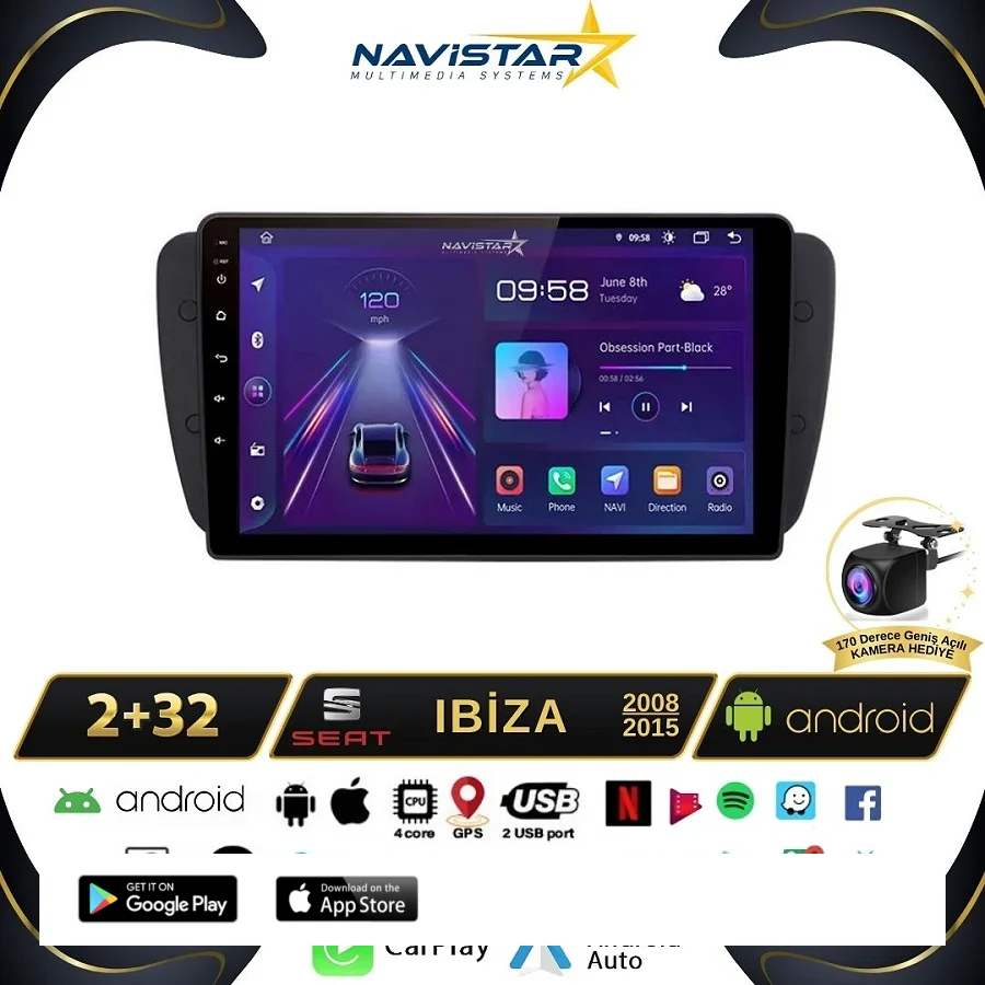Seat Ibiza 20082015 Model 2GB + 64GB Android 13 Kablosuz Carplay Navigasyon Multimedya Sistemi