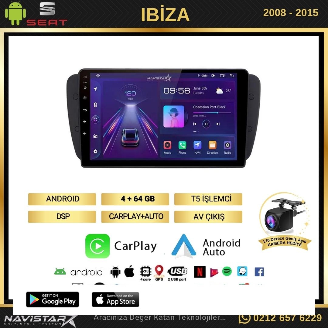 Seat Ibiza 4GB + 64GB 2008-2015 Model Android 13 Kablosuz Carplay Navigasyon Multimedya Sistemi