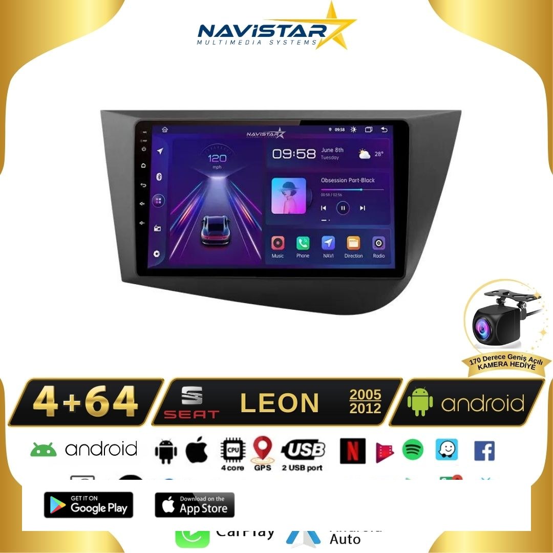 Seat Leon 4GB + 64GB 2005-2012 Model Android 13 Kablosuz Carplay Navigasyon Multimedya Sistemi