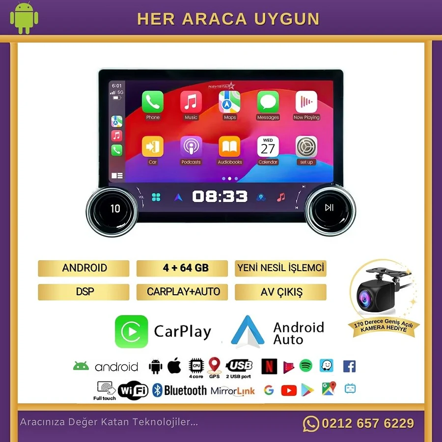 Seat Leon DUAL KNOB 10" 4GB + 64GB 2012-2020 KNOB Model Android 13 Kablosuz Carplay Navigasyon Multimedya Sistemi