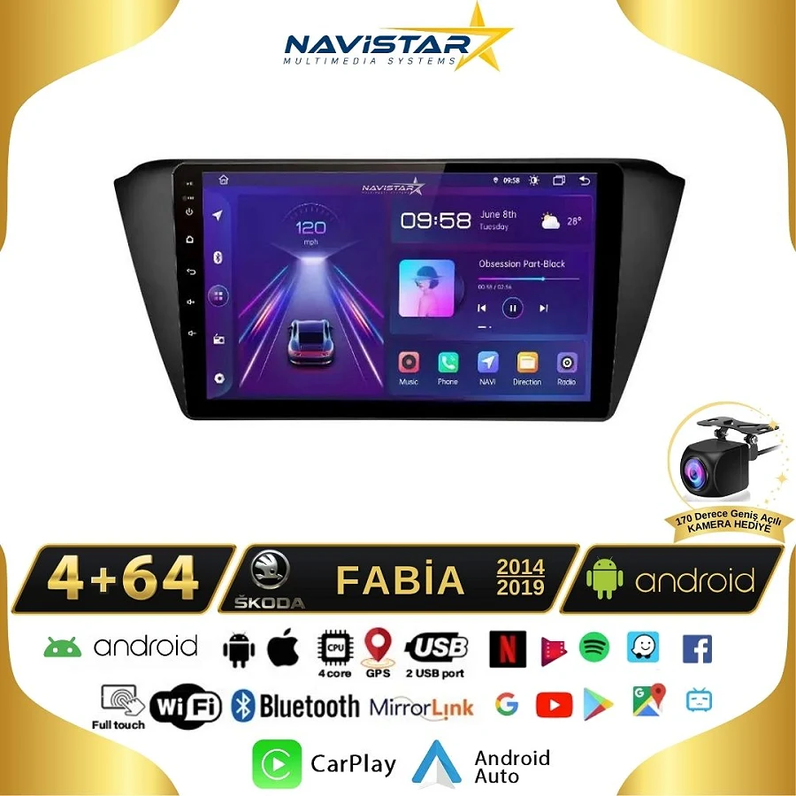 Skoda Fabia 2014-2019 Model 4+64 GB Android 13 Kablosuz Carplay Navigasyon Multimedya Sistemi