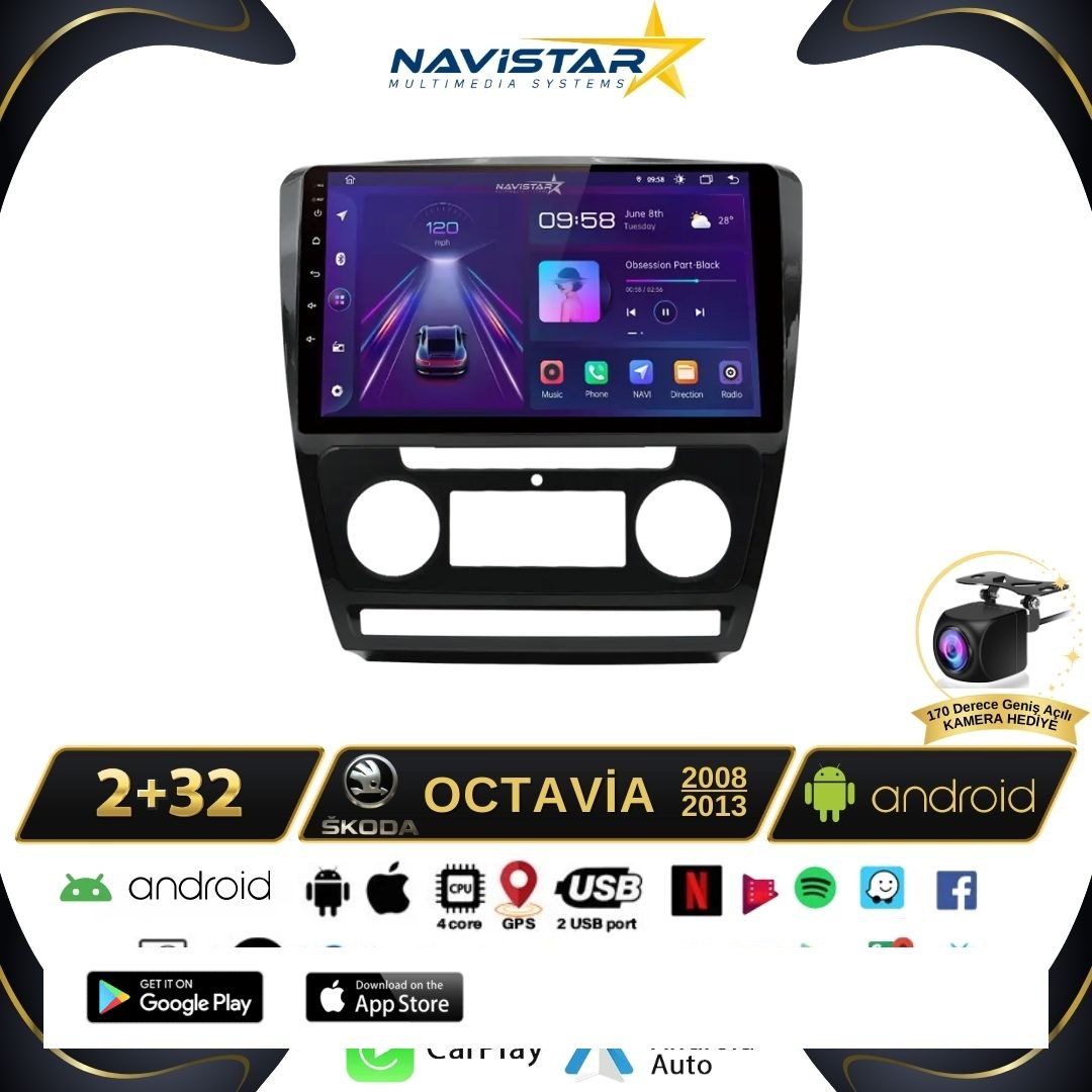 Skoda Octavia 2008-2013 Model 2+64GB Android 13 Kablosuz Carplay Navigasyon Multimedya Sistemi