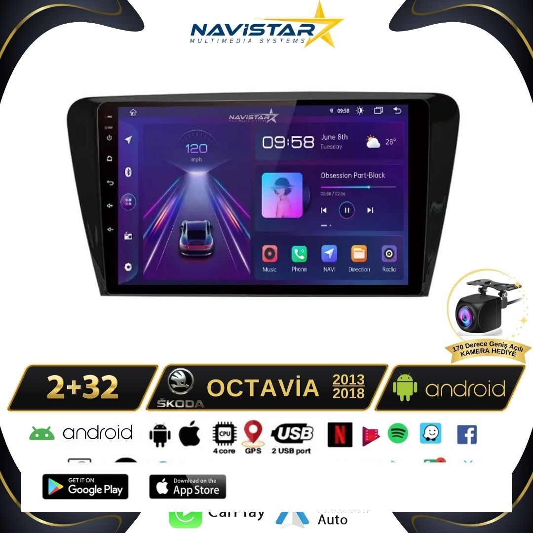 Skoda Octavia 2013-2018 Model 2+64GB Android 13 Kablosuz Carplay Navigasyon Multimedya Sistemi