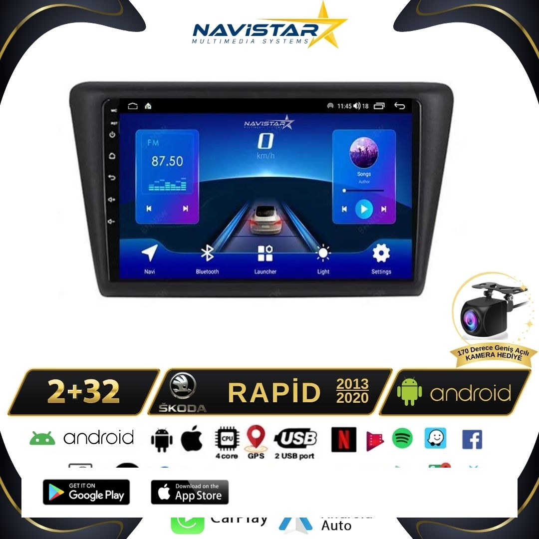 Skoda Rapid 2013-2020 Model 2+64GB Android 13 Kablosuz Carplay Navigasyon Multimedya Sistemi