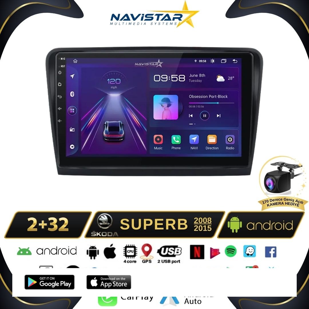 Skoda Superb 2008-2015 Model 2+64GB Android 13 Kablosuz Carplay Navigasyon Multimedya Sistemi