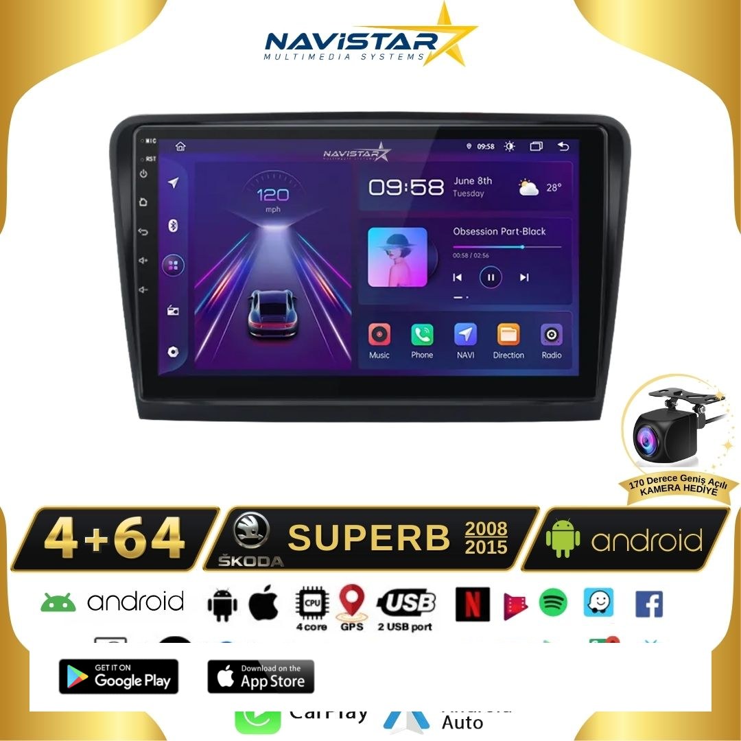 Skoda Superb 4GB + 64GB 2008-2015 Model Android 13 Kablosuz Carplay Navigasyon Multimedya Sistemi