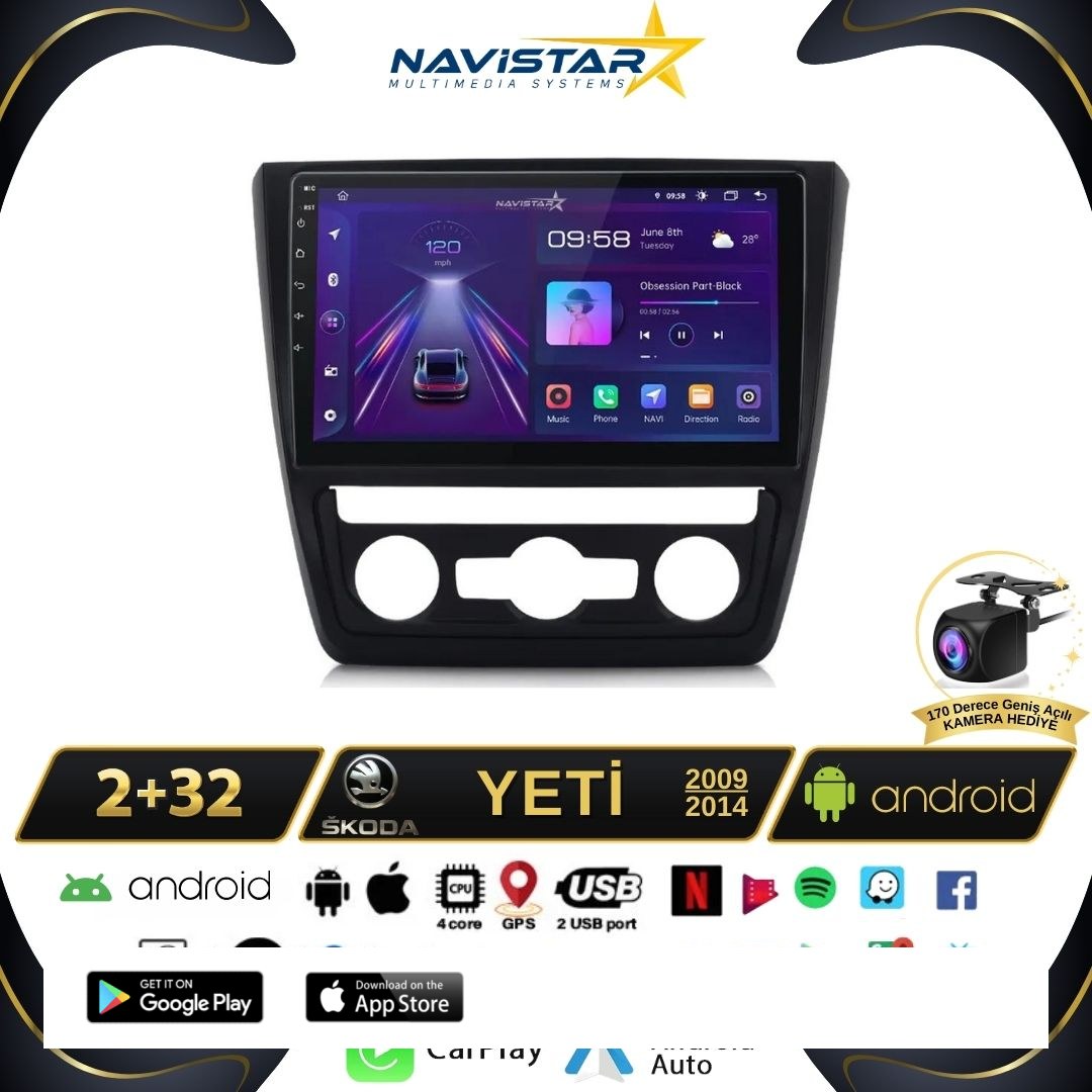 Skoda Yeti 2009-2014 Model 2+64GB Android 13 Kablosuz Carplay Navigasyon Multimedya Sistemi