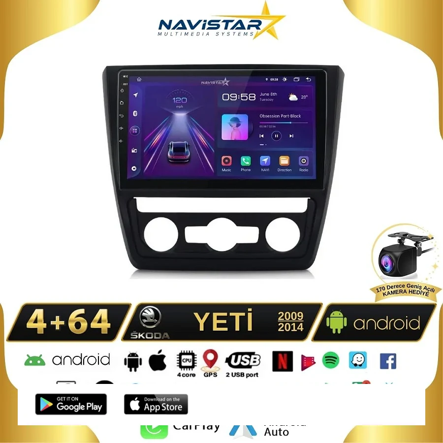 Skoda Yeti 4GB + 64GB 2009-2014 Model Android 13 Kablosuz Carplay Navigasyon Multimedya Sistemi