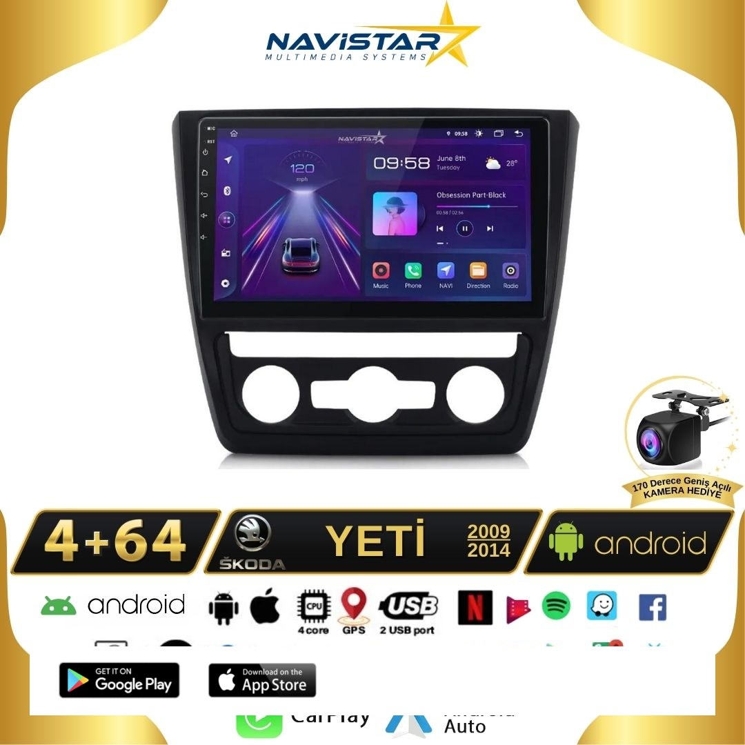 Skoda Yeti 4GB + 64GB 2009-2014 Model Android 13 Kablosuz Carplay Navigasyon Multimedya Sistemi