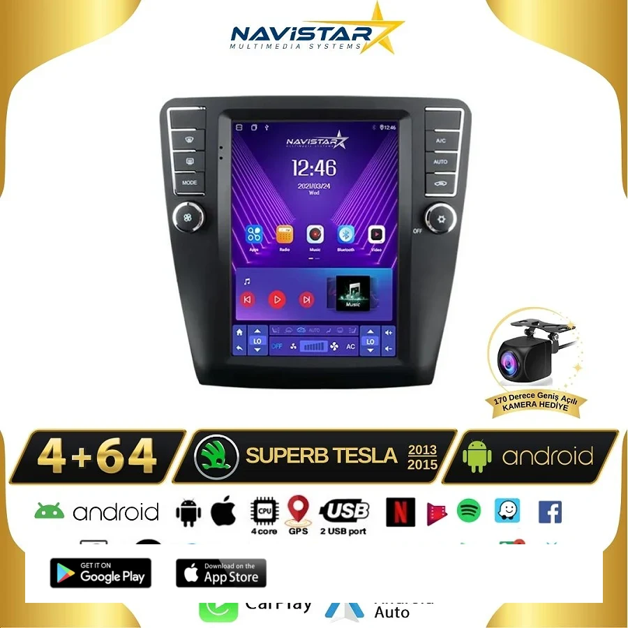 Skoda Superb Tesla 4GB + 64GB 2013-2019 Model  Kablosuz Carplay Navigasyon Qled Multimedya Sistemi