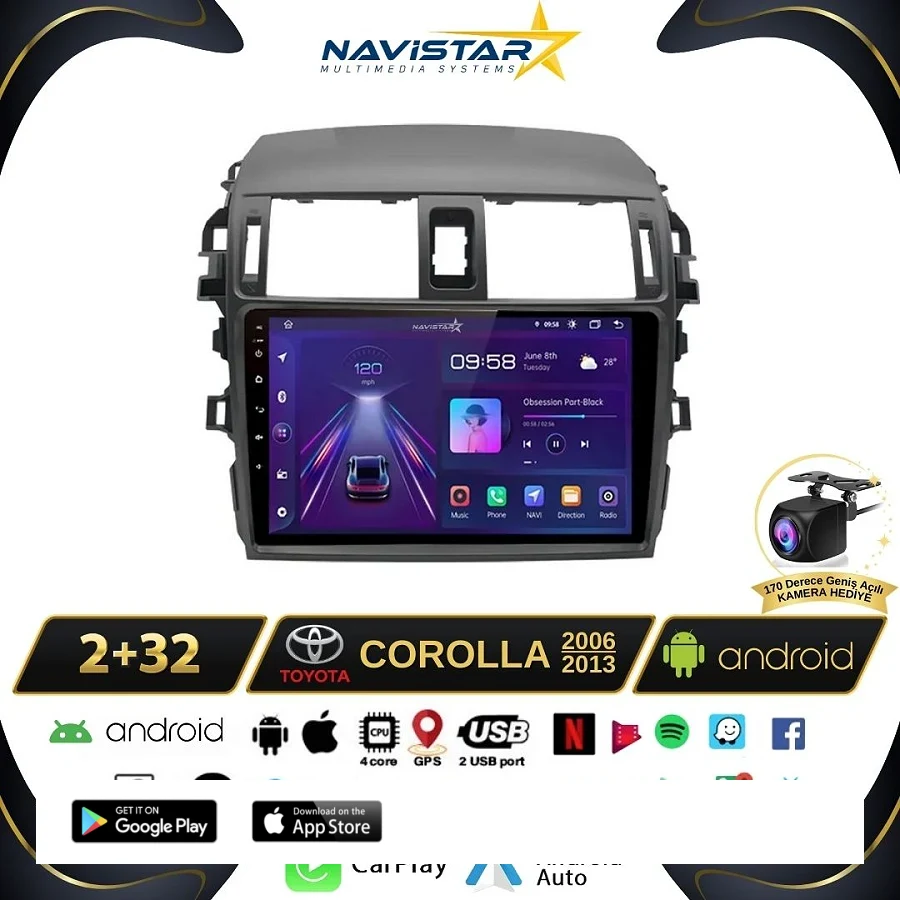 Toyota Corolla Kablosuz Carplay 2+64GB Android 13 Navigasyon Multimedya Sistemi