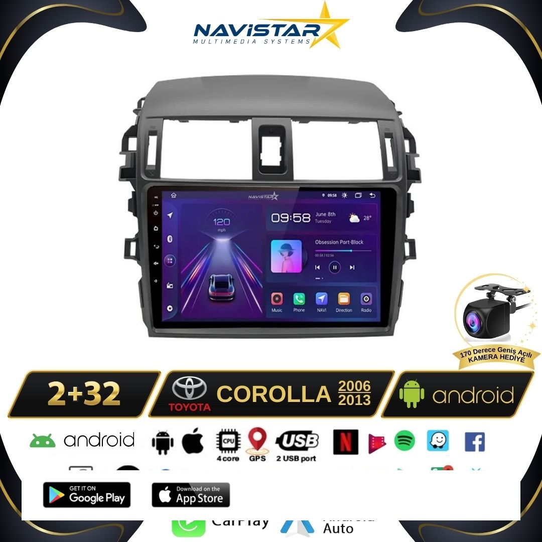 Toyota Corolla Kablosuz Carplay 2+64GB Android 13 Navigasyon Multimedya Sistemi