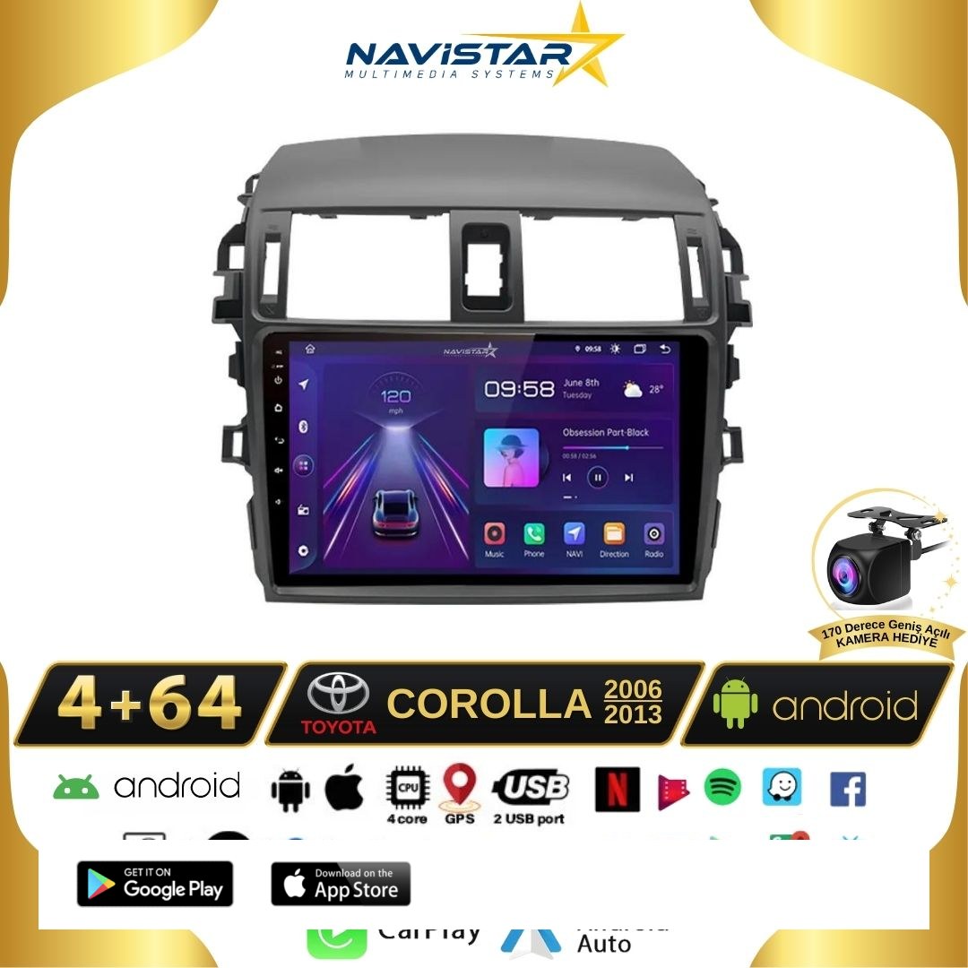 Toyota Corolla 4GB + 64GB Kablosuz Carplay Android 13 Navigasyon Multimedya Sistemi