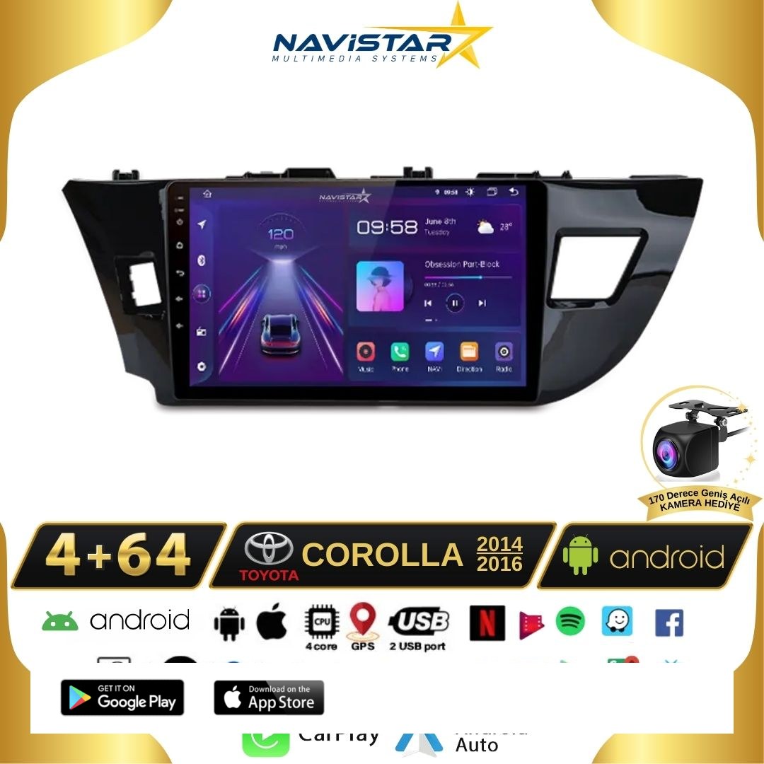 Toyota Corolla 4GB + 64GB Kablosuz Carplay 2014-2016 Android 13 Navigasyon Multimedya Sistemi