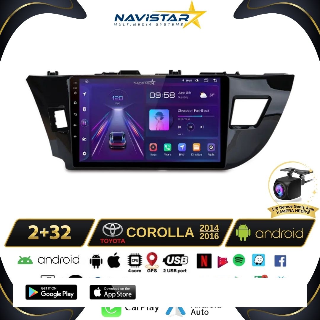 Toyota Corolla 2+64GB Kablosuz Carplay 2014-2016 Android 13 Navigasyon Multimedya Sistemi