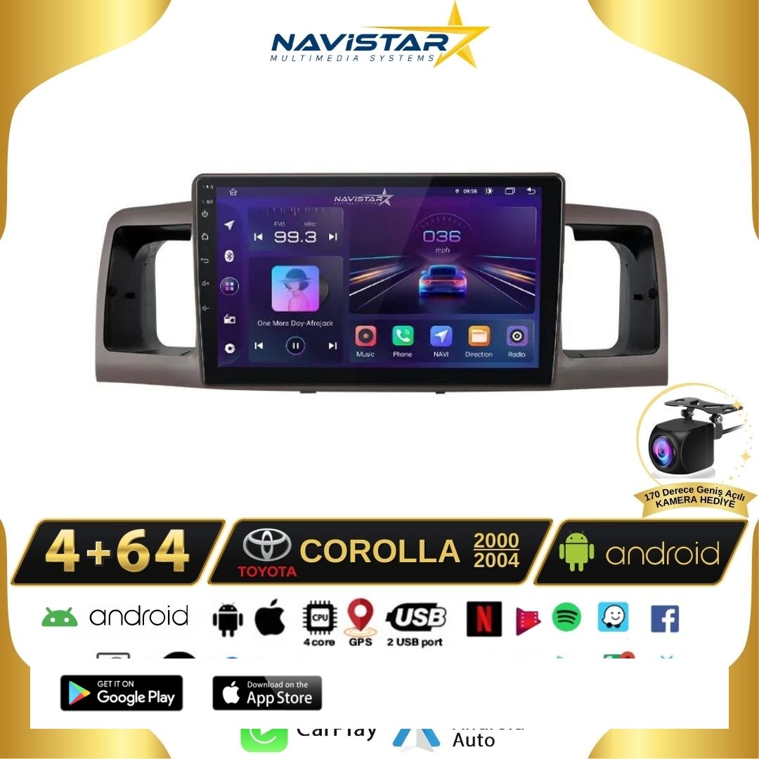 Toyota Corolla 2000-2004 Model 4GB + 64GB Android 13 Kablosuz Carplay Navigasyon Multimedya Sistemi