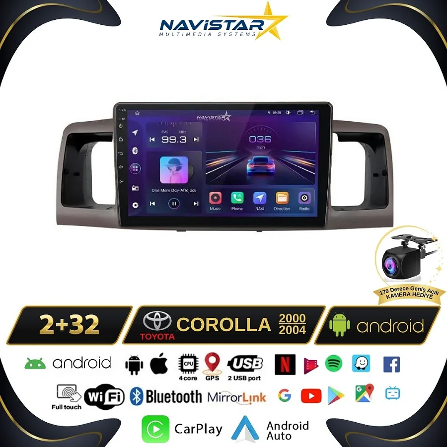 Toyota Corolla 2000-2004 Model 2+64GB Android 13 Kablosuz Carplay Navigasyon Multimedya Sistemi