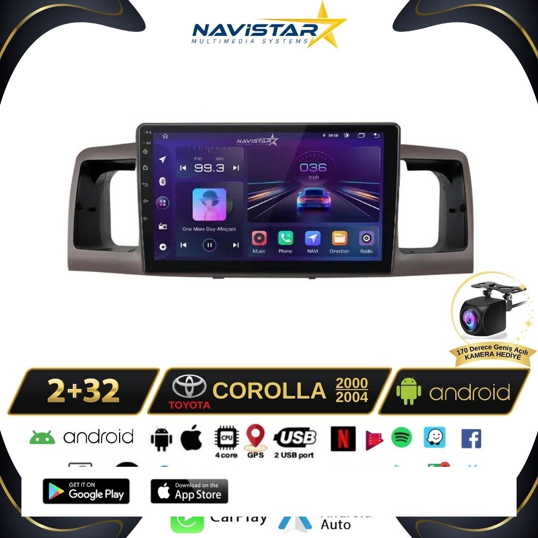Toyota Corolla 2000-2004 Model 2+64GB Android 13 Kablosuz Carplay Navigasyon Multimedya Sistemi