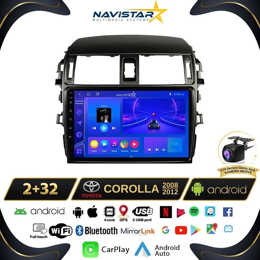 Toyota Corolla 2008-2012 Model 2+64GB Android 13 Kablosuz Carplay Navigasyon Multimedya Sistemi