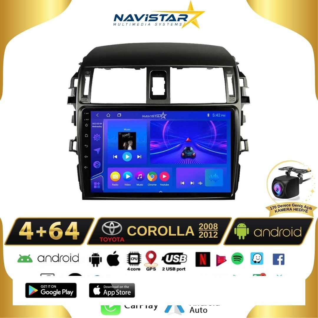 Toyota Corolla 2008-2012 Model 4GB + 64GB Android 13 Kablosuz Carplay Navigasyon Multimedya Sistemi