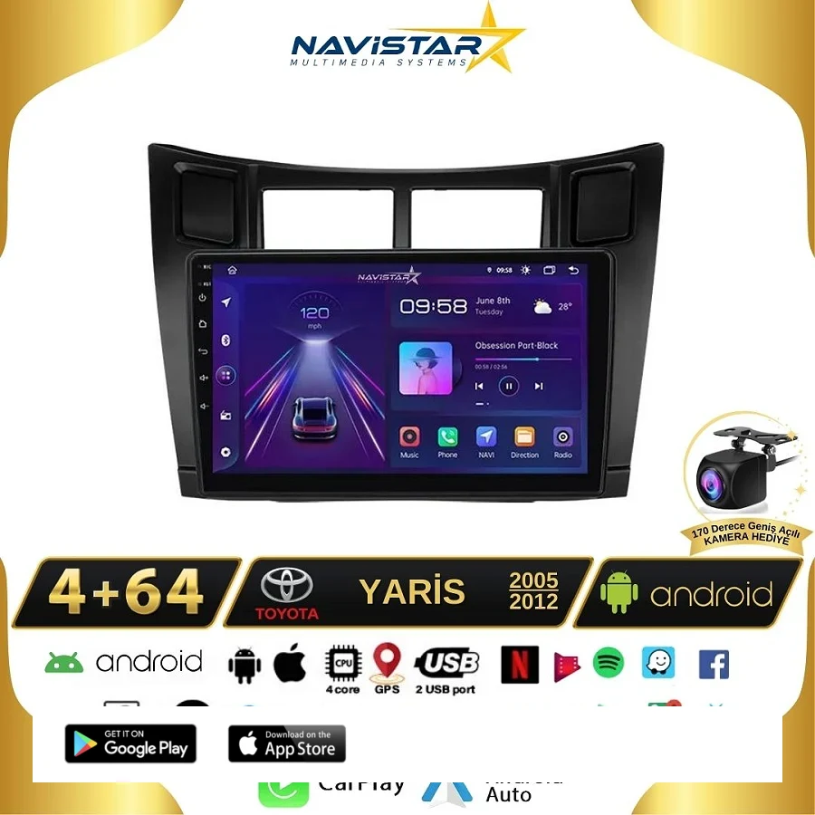 Toyota Yaris 2005-2012 Model 4GB + 64GB Android 13 Kablosuz Carplay Navigasyon Multimedya Sistemi