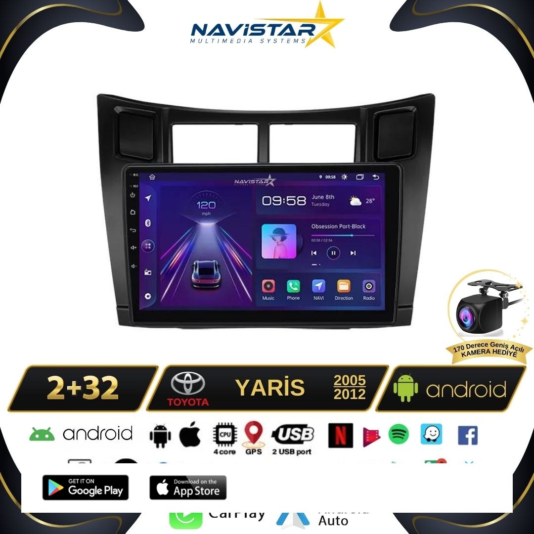 Toyota Yaris 2005-2012 Model 2+64GB Android 13 Kablosuz Carplay Navigasyon Multimedya Sistemi