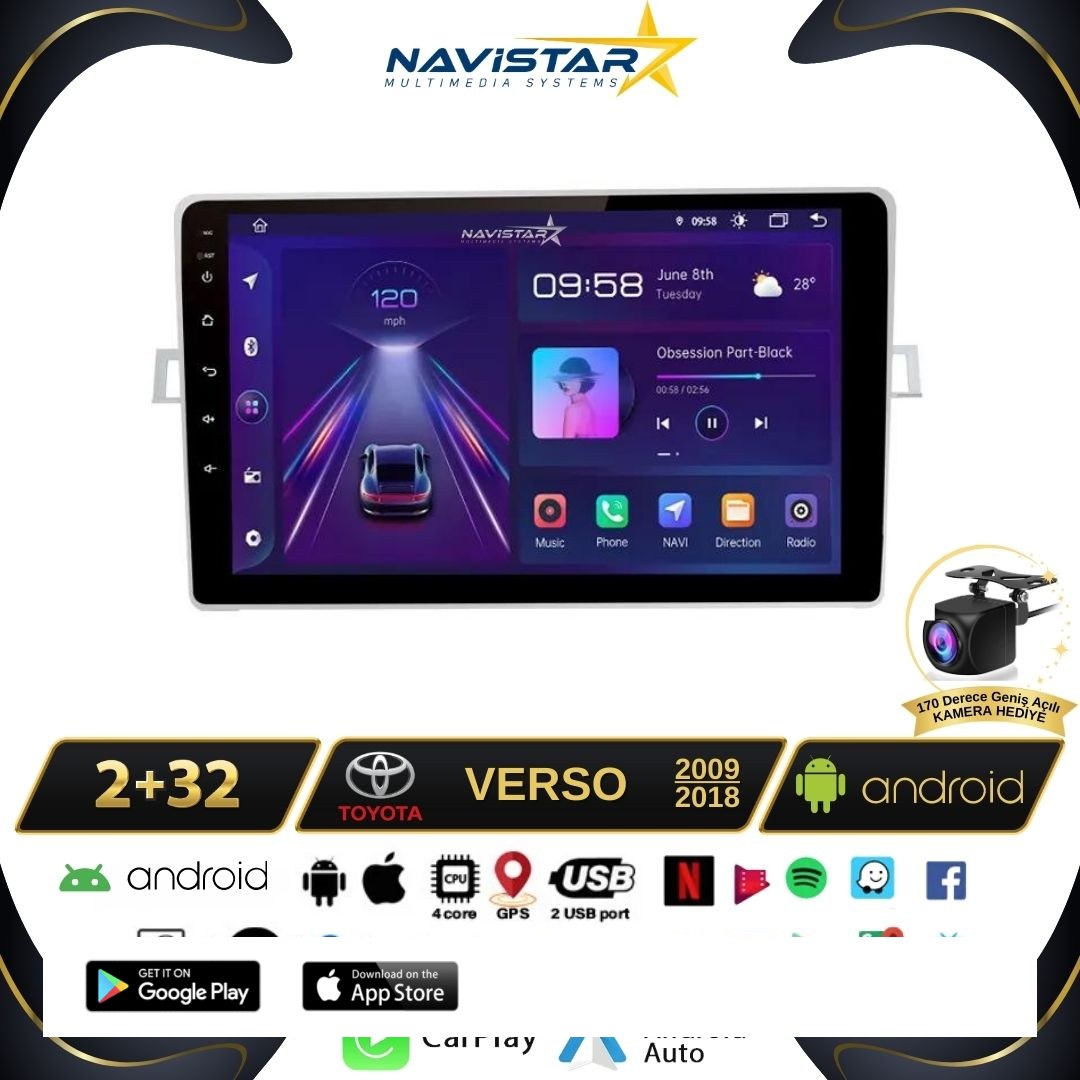 Toyota Verso 2009-2018 Model 2+64GB Android 13 Kablosuz Carplay Navigasyon Multimedya Sistemi