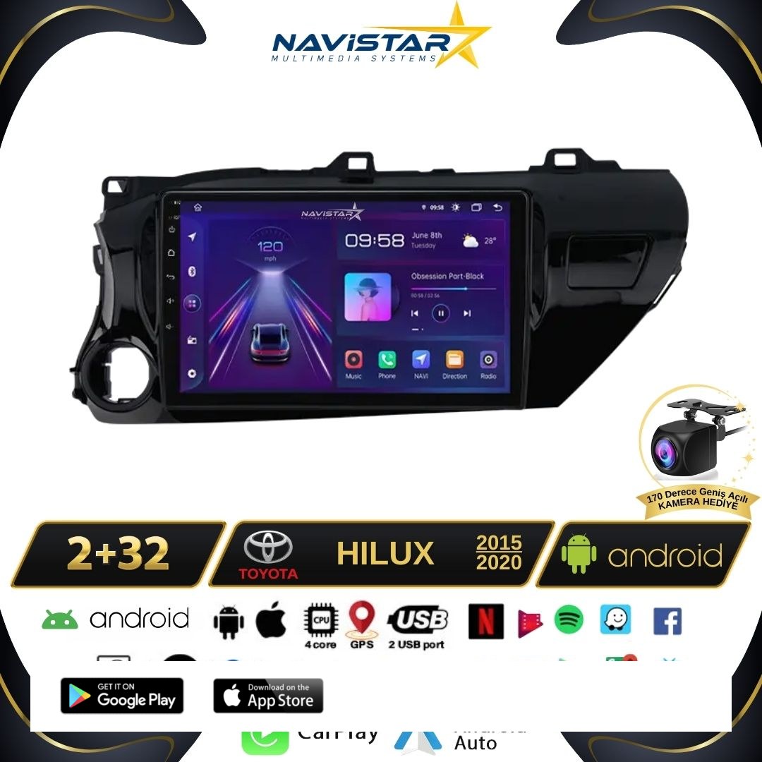 Toyota Hilux 2015-2020 Model 2+64GB Android 13 Kablosuz Carplay Navigasyon Multimedya Sistemi