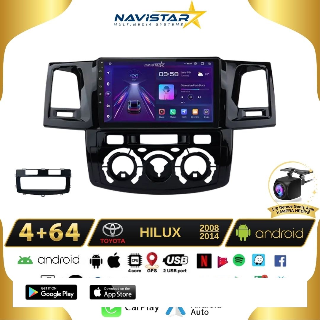 Toyota Hilux 2008-2014 Model 4GB + 64GB Android 13 Kablosuz Carplay Navigasyon Multimedya Sistemi