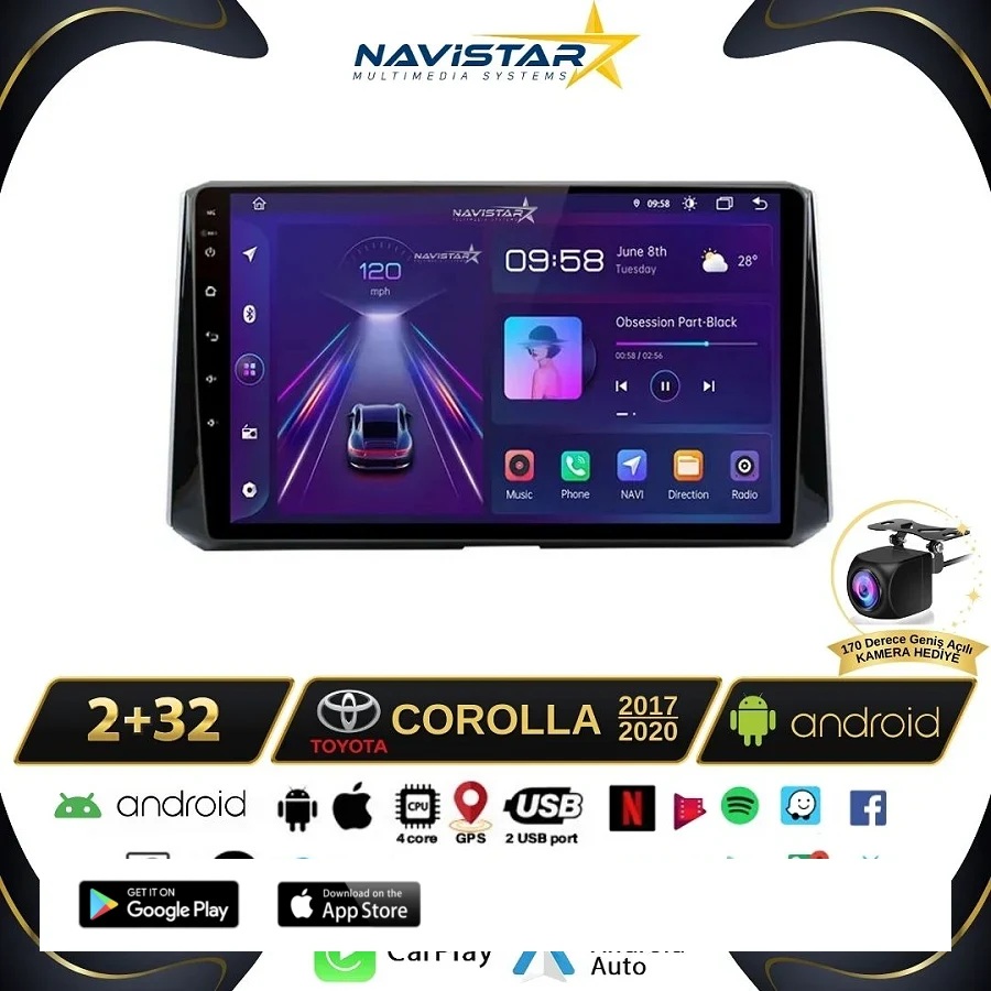 Toyota Corolla 2017-2020 Model 2+64GB Android 13 Kablosuz Carplay Navigasyon Multimedya Sistemi