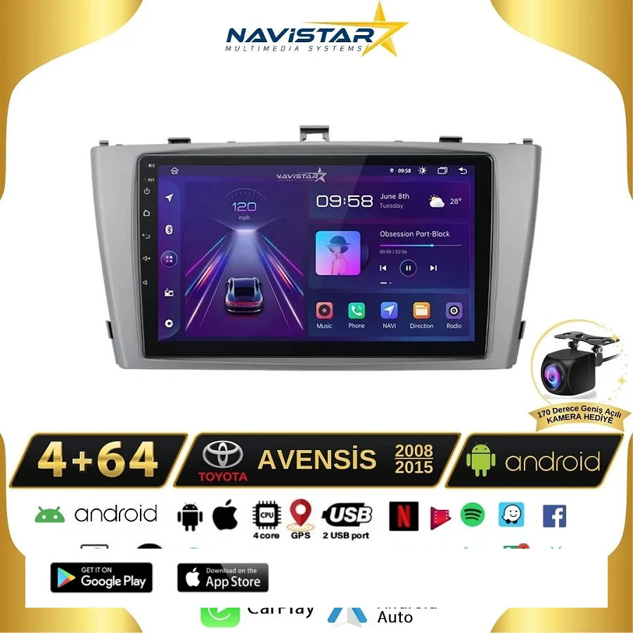 Toyota Avensis 2008-2015 Model 4GB + 64GB Android 13 Kablosuz Carplay Navigasyon Multimedya Sistemi