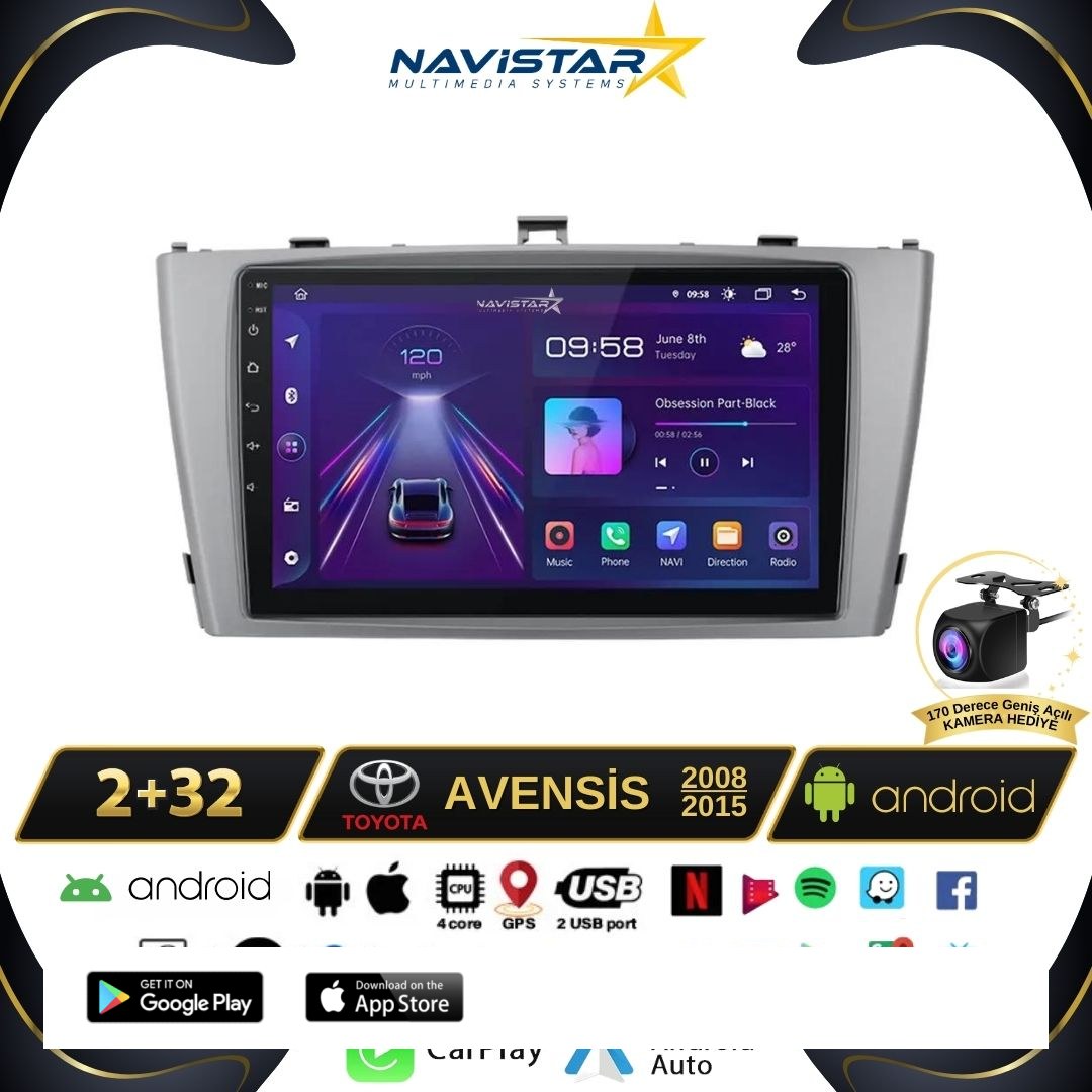 Toyota Avensis 2008-2015 Model 2+64GB Android 13 Kablosuz Carplay Navigasyon Multimedya Sistemi