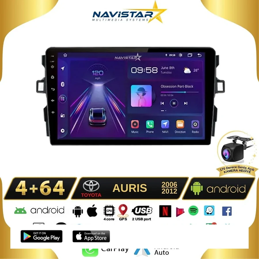 Toyota Auris 2006-2012 Model 4GB + 64GB Android 13 Kablosuz Carplay Navigasyon Multimedya Sistemi
