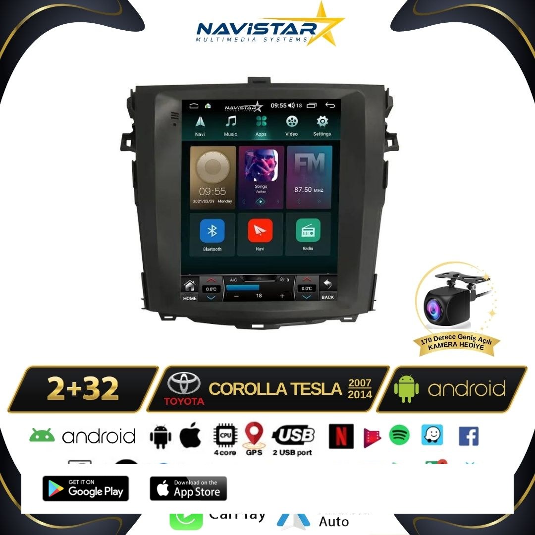Toyota Corolla Tesla 2007-2014 Model 2GB + 32GB Kablosuz Carplay Navigasyon Multimedya Sistemi
