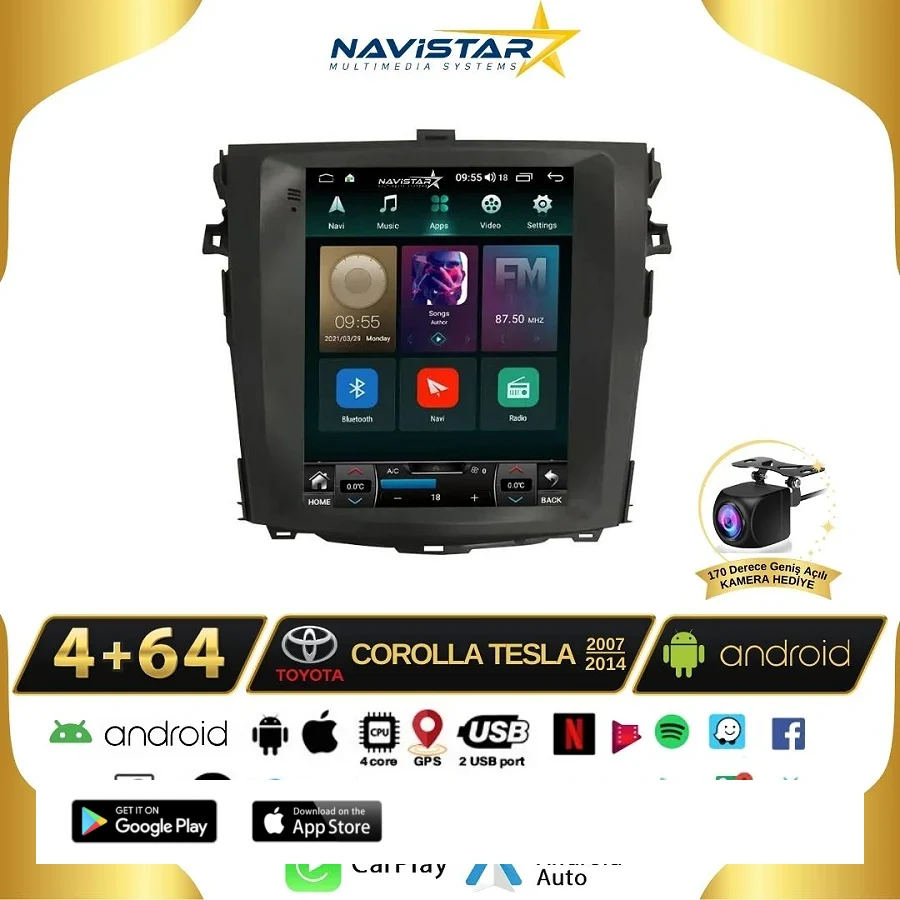 Toyota Corolla Tesla 4GB + 64GB 2007-2014 Model Kablosuz Carplay Navigasyon Qled Multimedya Sistemi